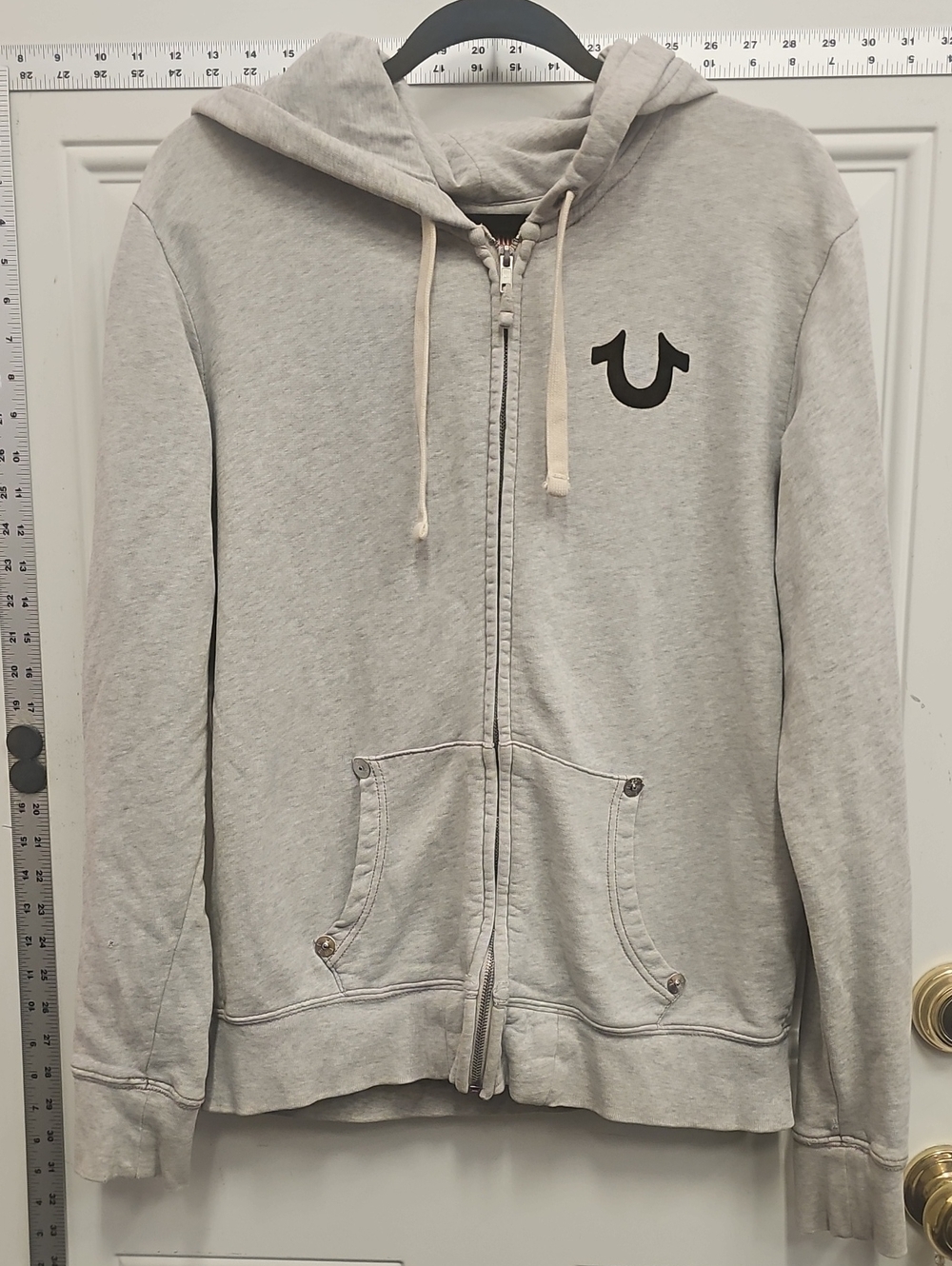 True Religion Light Gray Full-Zip Hoodie with Black Horseshoe Logo